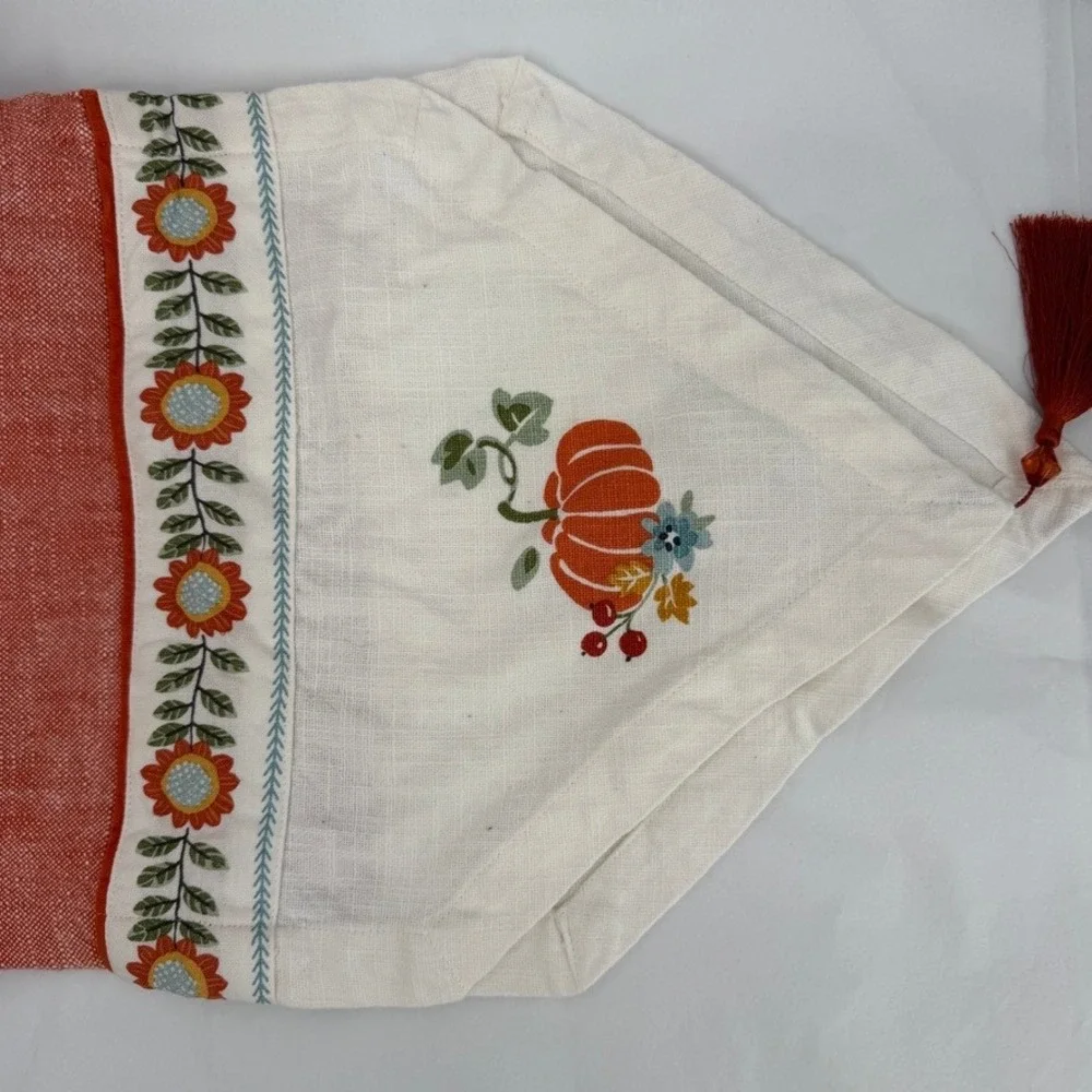 Kay Dee Table Runner Fall Harvest Pumpkin Floral Tassels Pointed Ends Decor